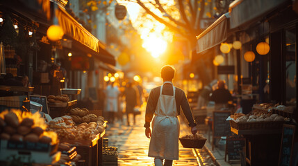 Cinematic shot from the side of a baker in a white apron, walking to a bakery early in the morning
