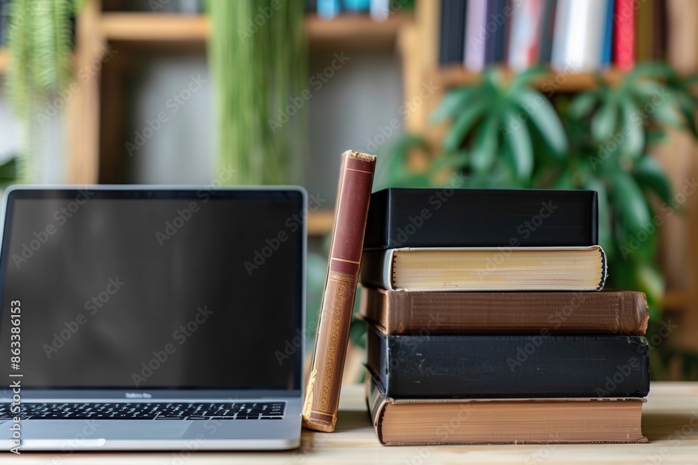 Fototapete a laptop sits next to a stack of textbooks on a desk, symbolizing modern methods of learning. genera