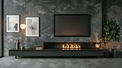 Fireplace and Coffee Table in Home Living Room Interior: Mock-Up Frame