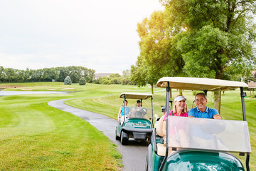 People, golf cart and nature field or driving, happy and relax in transport for country club hobby...
