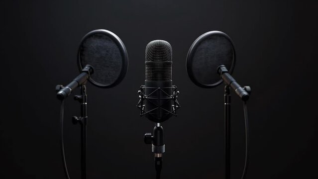 Professional studio microphone with pop filters on dark background, ideal for podcasting, recording, broadcasting, and voiceovers