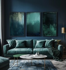 Stunning 3D rendering of a dark blue living room with sofa and classic modern furniture