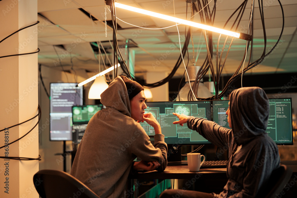 Poster cybercrime, hackers planning ransomware attack, hacking server, stealing data, discussing illegal ma