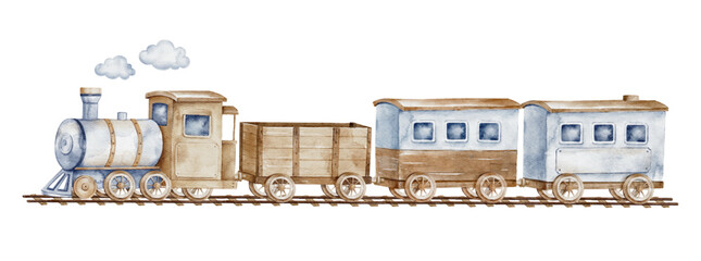 Watercolor Wooden Train Toys, Baby game wooden retro trains. Clipart for greeting card, baby shower, invitation, birthday