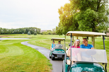 People, golf cart and outside course in nature, happy and relax in transport path or country club...