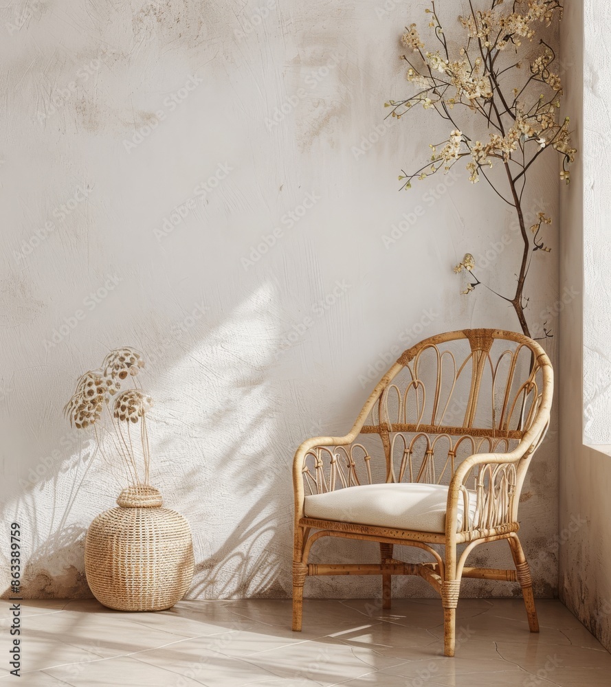 Wall mural An interior wall mock up with a white simple interior and wooden armchair, showing a farmhouse style in 3D - Wall murals