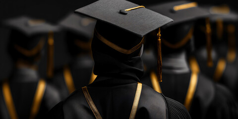 Close-up of a graduate in black cap and gown with gold tassel, surrounded by fellow graduates, exuding excitement and anticipation at commencement