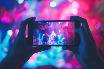 A person holds a smartphone recording a live music performance under bright stage lights. The video stream on the device displays a colorful and dynamic scene. Generative AI