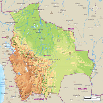 Physical map of Bolivia