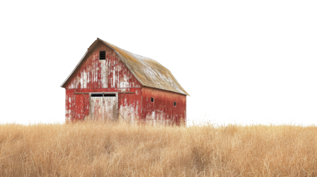 Weathered red barn in golden field on transparent background