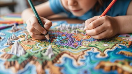 child creating a detailed map of an imaginary land, using colored pencils and markers, showing intricate and creative thinking, with copy space for text