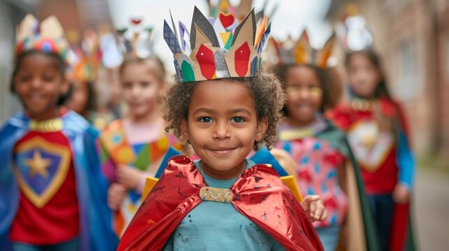 child with a paper crown and cape, leading a parade of friends through a make-believe kingdom, showcasing leadership and imagination, with clear copy space for text