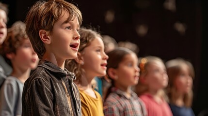 group of children performing a play they wrote and directed, showcasing their storytelling and imaginative skills, with ample copy space for text