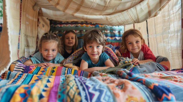 children building a fort out of blankets and cushions, creating a secret hideout for imaginative play, with ample copy space for text