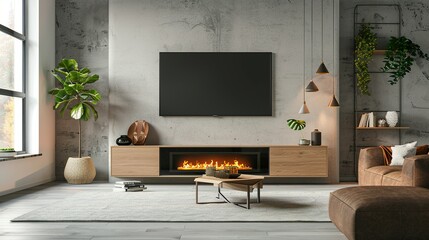 Interior Design of Living Room with Fireplace and Coffee Table: Mock-Up Frame
