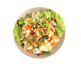 Plate with delicious pasta primavera on white background