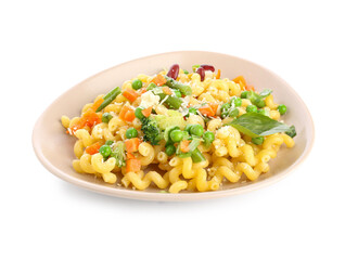 Plate with delicious pasta primavera on white background
