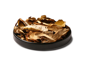 Plate with tasty dried mushrooms on white background