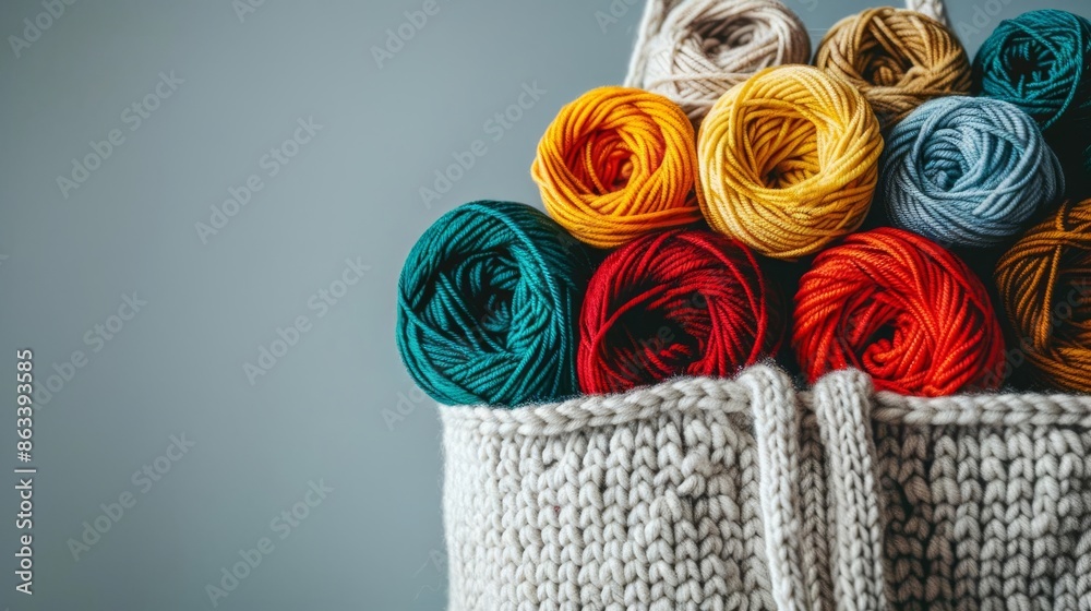 Wall mural Knitting supplies with a project bag and colorful yarn isolated on a solid silver background - Wall murals