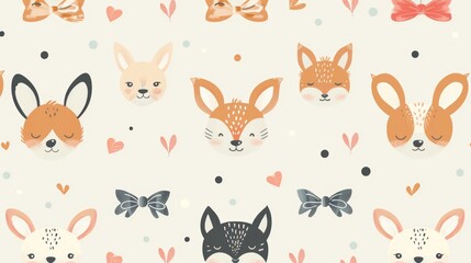 A seamless pattern featuring cute animal faces, including foxes, rabbits, and a wolf, on a light background with hearts and dots.