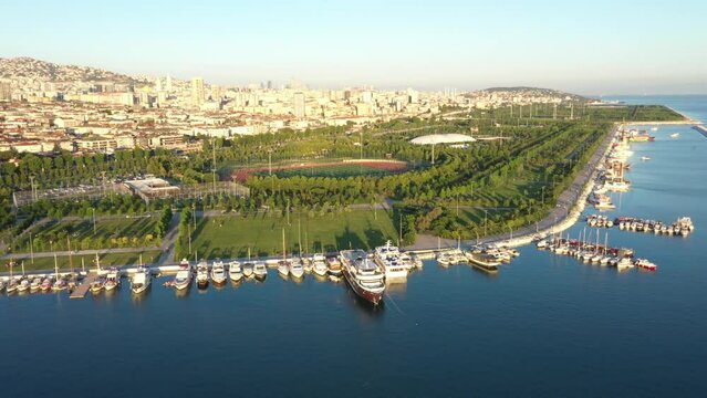 Kucukyali Shore Aerial. View of Marina dock or basin with moorings and supplies for yachts and small boats, used exclusively by non-industrial pleasure craft such as sloops and cabin cruisers
