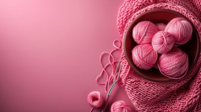 Knitting supplies with a yarn bowl and skeins of yarn isolated on a solid fuchsia background