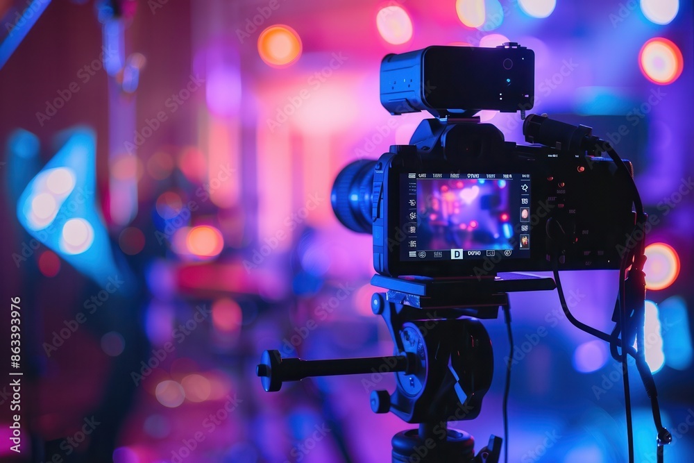 Fototapete a close-up of a video camera set up on a tripod, capturing a vibrant live event with colorful lights