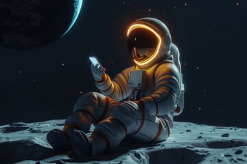 Astronaut Sitting on Moon Looking at His Phone.