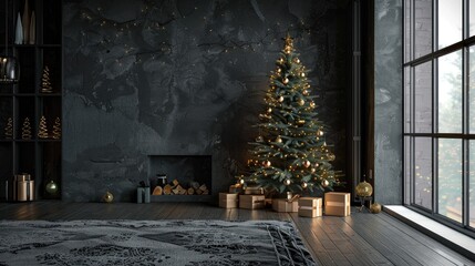 A large Christmas tree is the focal point of a dark room with a fireplace. The room is decorated with many boxes and a vase. Scene is cozy and festive