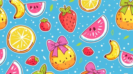 A seamless pattern of colorful fruit, including bananas, strawberries, watermelon, and oranges.  Perfect for summery designs.