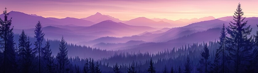Obraz premium Misty mountain landscape at sunrise with purple hues.