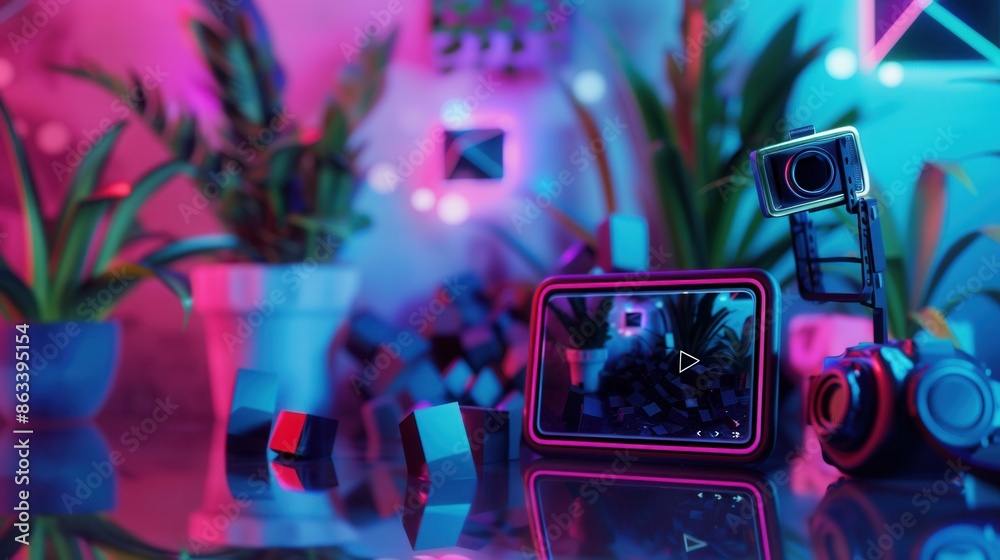 Poster a close-up shot of a video streaming device with a vibrant neon background and plants in the room. g