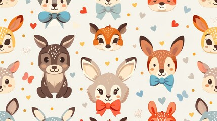 Cute animal faces with bows and hearts, seamless pattern.  Perfect for children's clothing and home decor.  Vector illustration.
