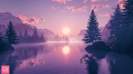 A serene sunset over a mountain lake, with a misty glow and silhouette of trees reflecting in the water.