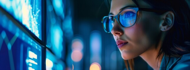 female cyber security analyst analysing AI cyberspace threats on computer in dark tech office data centre. Blue lighting. IT specialist ethical hacking.