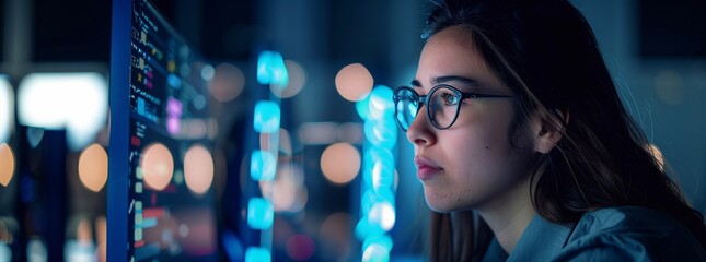 female cyber security analyst analysing AI cyberspace threats on computer in dark tech office data centre. Blue lighting. IT specialist ethical hacking.
