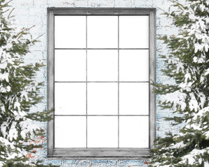 A winter scene of the outside of a house looking into the inside of a blank home with trees. Add your portrait into the cutout copyspace area for a creative holiday portrait idea.