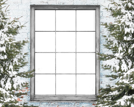 A winter scene of the outside of a house looking into the inside of a blank home with trees. Add your portrait into the cutout copyspace area for a creative holiday portrait idea.