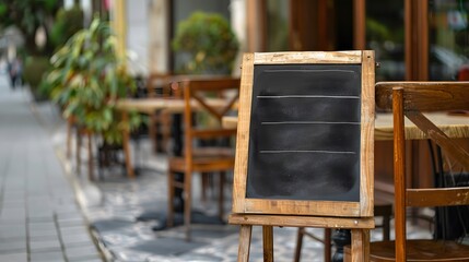 Blank restaurant shop sign or menu board near the entrance to restaurant. Cafe menu on the street. Blackboard sign mockup in front of a restaurant. Signboard, freestanding A-frame blackboard.