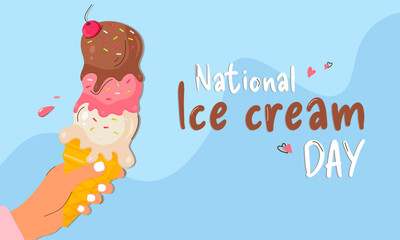 National ice cream day. Holiday concept. Template for background, card, poster, banner, t-shirt with text inscription. Sweet dessert. Vector illustration.