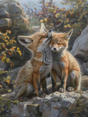 Obraz premium Captivating Pair of Foxes Nuzzling Each Other in a Wild Love Moment A Glimpse into Forest Romance and Nature s Delicate Bond Wildlife Photography of Foxes in Love