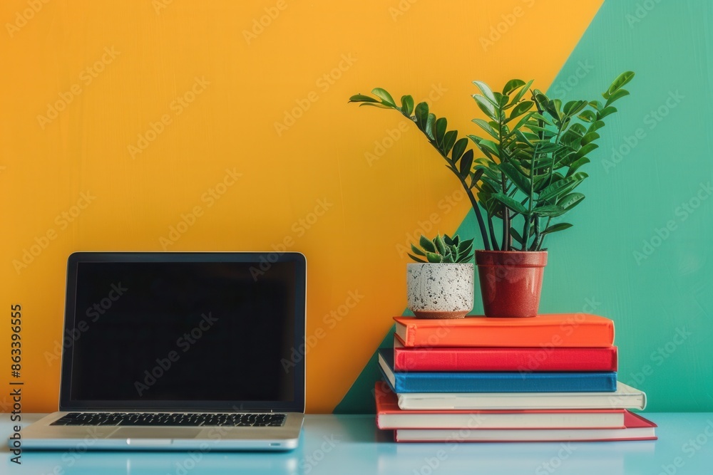 Aufkleber A laptop sits open on a desk, next to a stack of colorful textbooks, symbolizing the modern approach to education. Generative AI