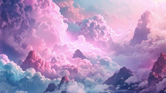 A peaceful and otherworldly scene with pastelcolored mountains that seem to float like fluffy clouds creating an illusion of weightlessness and peace.