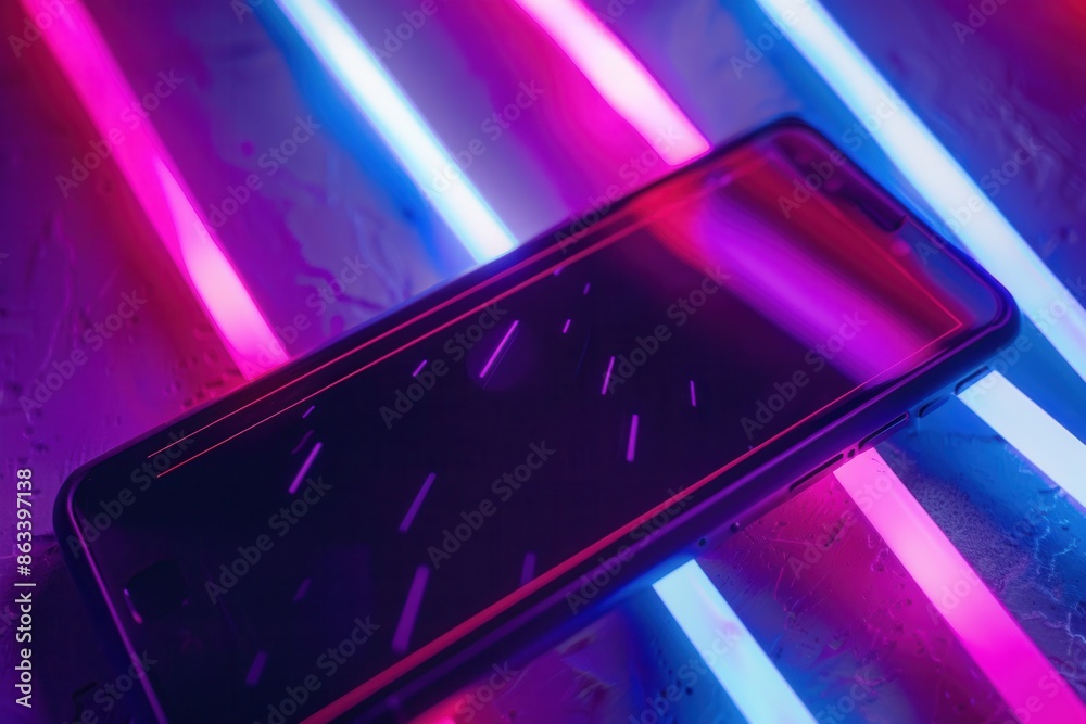 Poster a close-up of a smartphone displaying a video stream, illuminated by vibrant pink and blue neon ligh
