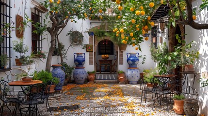 Fototapeta premium Spanish Courtyard With Orange Trees and Blue Pottery
