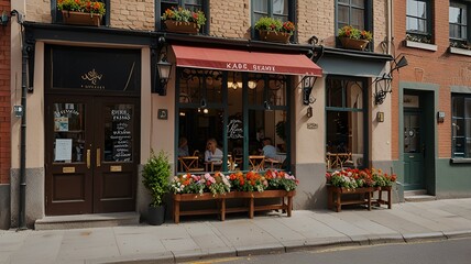 A quaint cafe with colorful flower boxes under each window.
