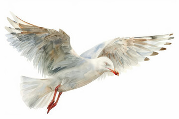 Obraz premium Dreamy Watercolor Seagull with Gentle Wings Warm Tones Clipart Design on White Background Ideal for Unique Nature Art, Creative Projects, and Artistic Inspiration