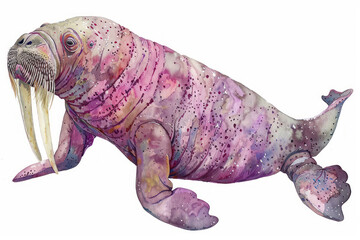 Enchanting Watercolor Walrus with Detailed Tusks A Soft and Dreamy Children's Book Illustration on White Background for Artistic Storytelling, Engaging Imaginations, and Creative Learning
