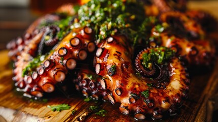 Fototapeta premium A close up of a plate with octopus and garnish on it, AI