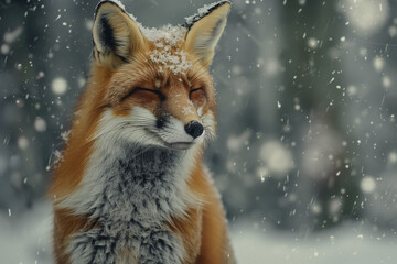 Obraz premium red fox sitting in the snow with its eyes closed
